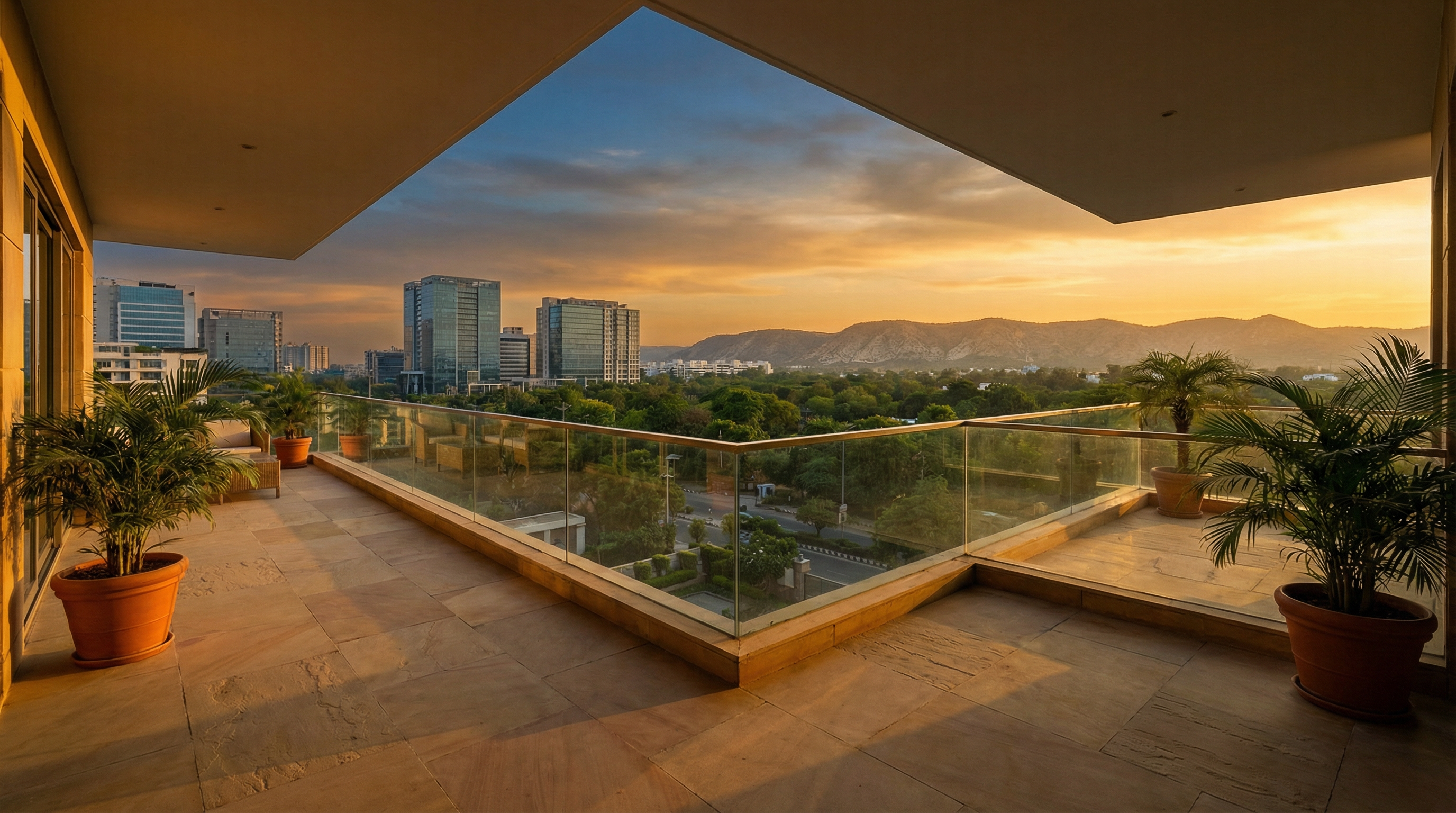 Terrace view of Aravalli hills at dusk