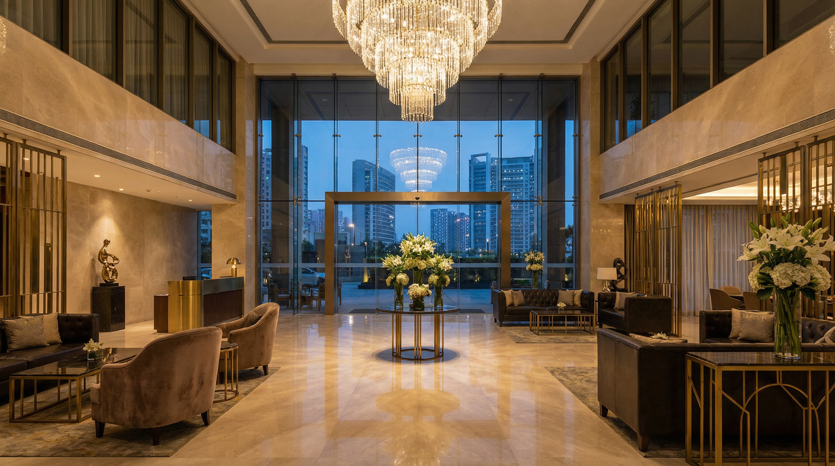 Grand marble lobby at dusk