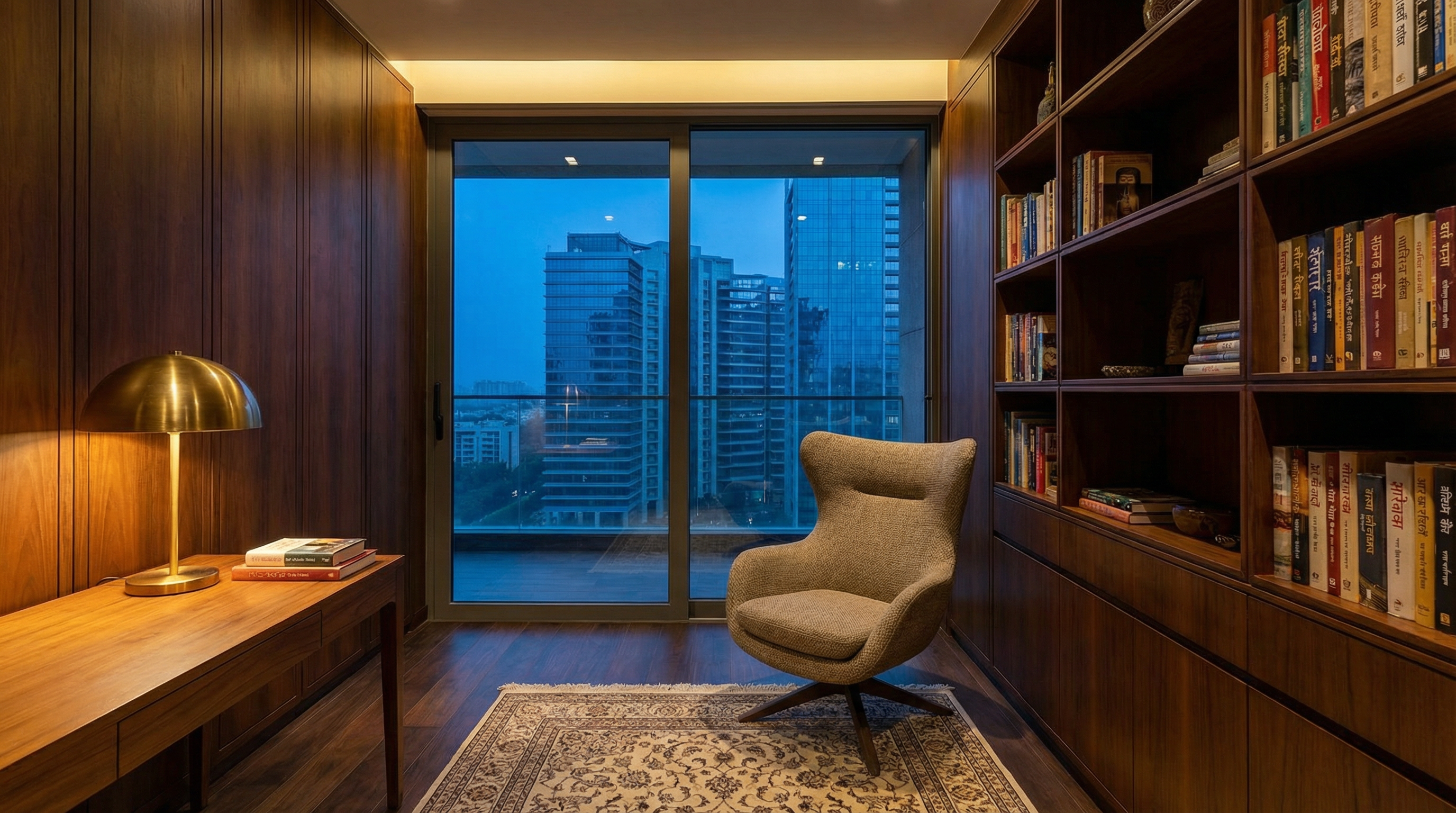 Teak study with city view